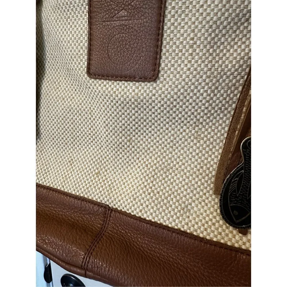 Muxo Camila Alves Leather Linen Woven Cotton Tote Brown Jute Tan Hobo Bag Purse - Picture 3 of 14